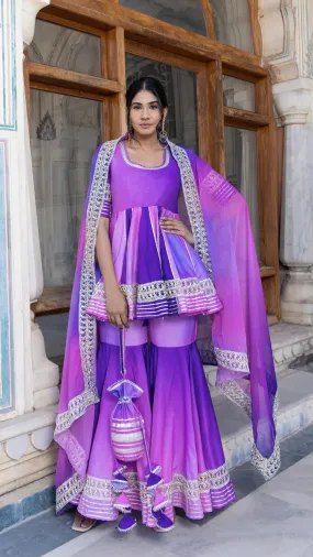 Ombre Purple Muslin Lace Detailing Sharara Set with Chiffon Dupatta