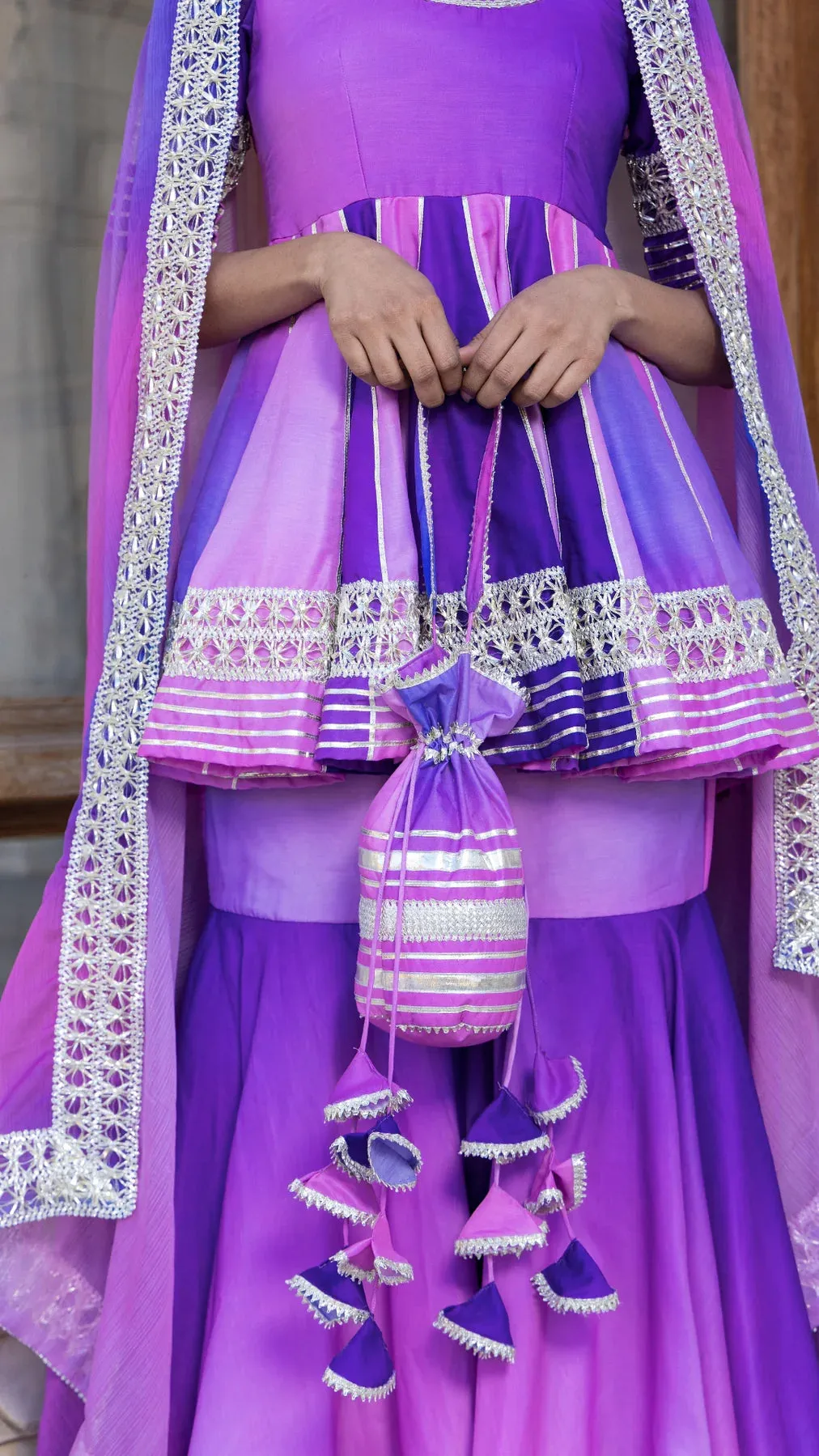 Ombre Purple Muslin Lace Detailing Sharara Set with Chiffon Dupatta