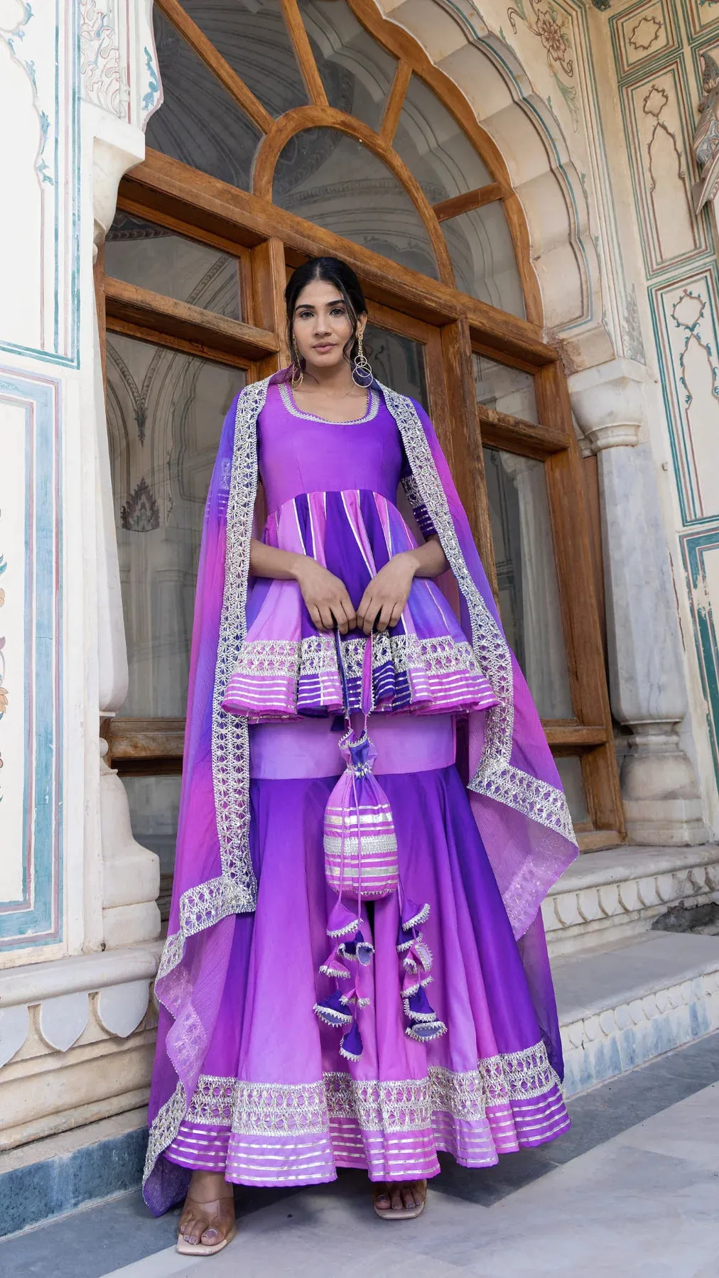 Ombre Purple Muslin Lace Detailing Sharara Set with Chiffon Dupatta