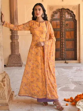 Orange Georgette Floral Print Anarkali Kurta with Mul Cotton Palazzo Pants and Georgette Dupatta