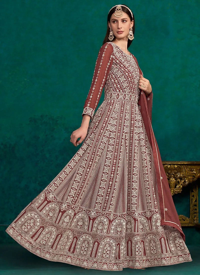 Orange Lucknowi Embroidery Kalidar Anarkali Suit