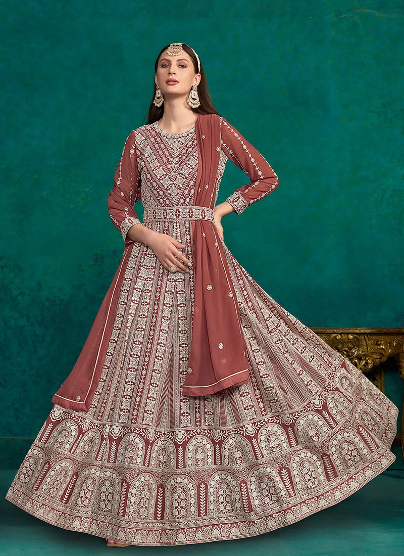 Orange Lucknowi Embroidery Kalidar Anarkali Suit