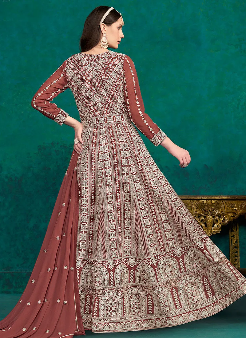 Orange Lucknowi Embroidery Kalidar Anarkali Suit