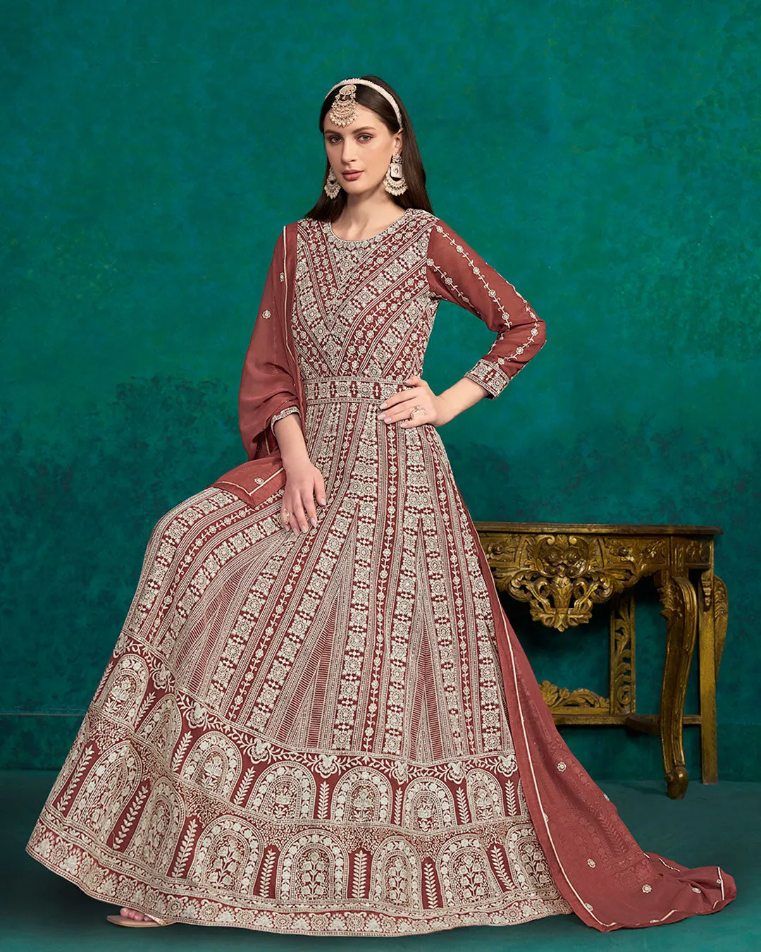 Orange Lucknowi Embroidery Kalidar Anarkali Suit