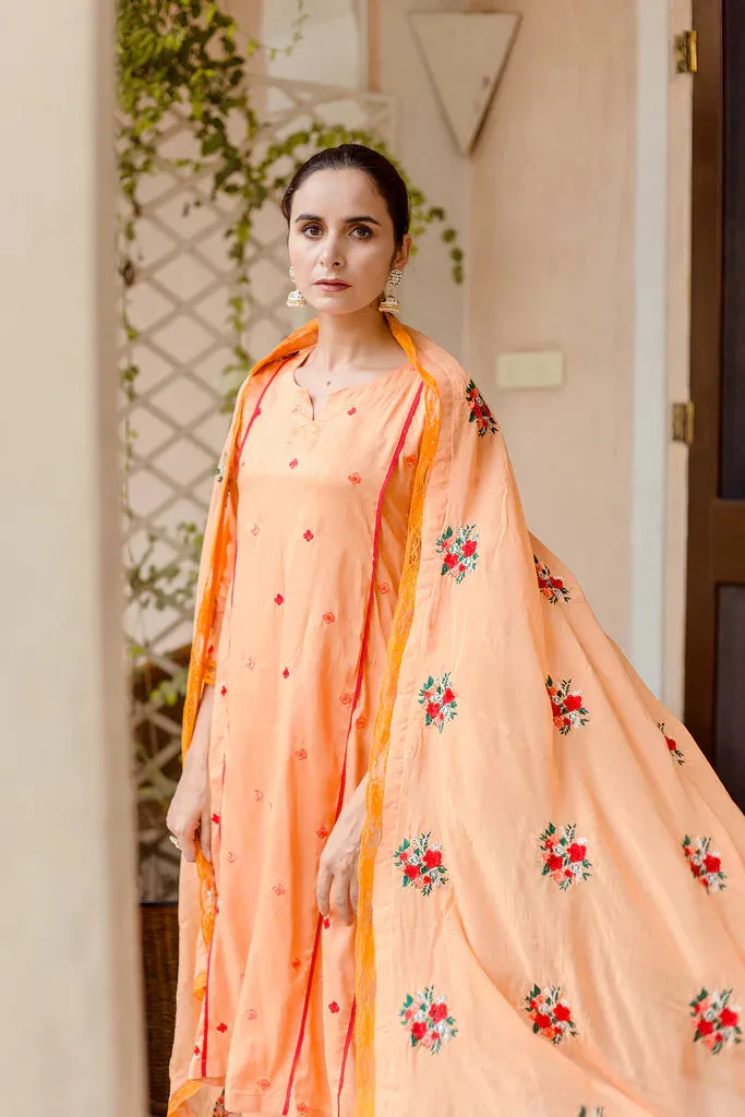 Orange Raw Silk Embroidered Suit Set with Organza Dupatta