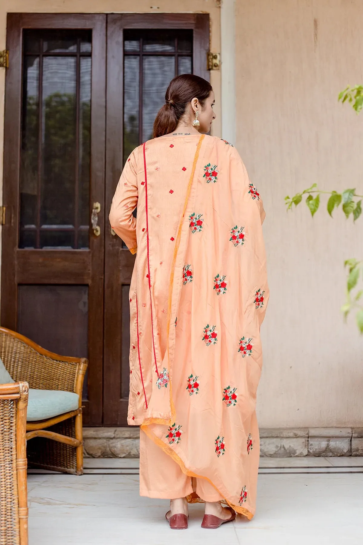 Orange Raw Silk Embroidered Suit Set with Organza Dupatta