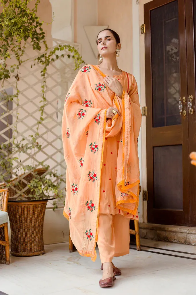 Orange Raw Silk Embroidered Suit Set with Organza Dupatta