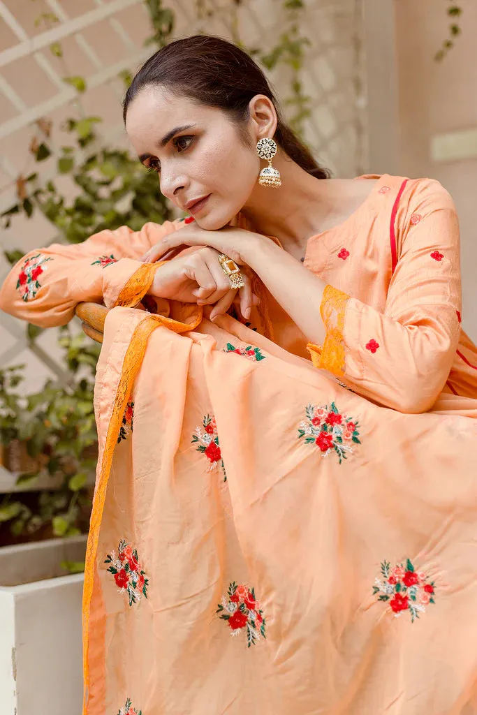 Orange Raw Silk Embroidered Suit Set with Organza Dupatta