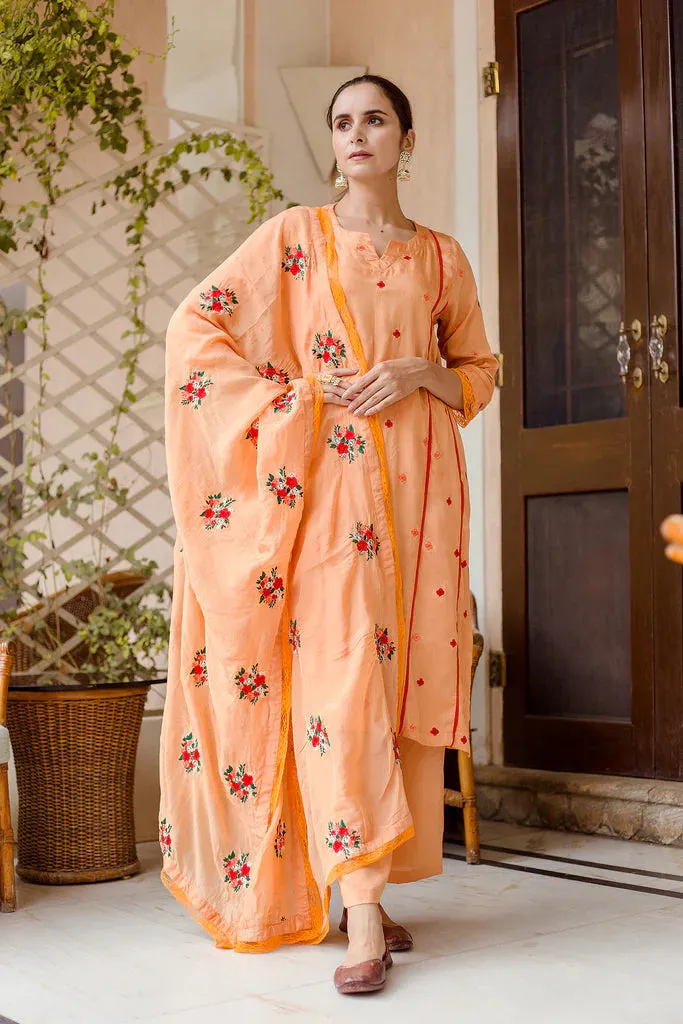 Orange Raw Silk Embroidered Suit Set with Organza Dupatta