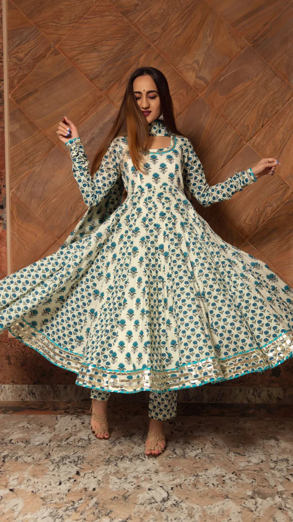 Paisley Cotton White & Blue Floral Print Kalidar Anarkali Set with Dupatta