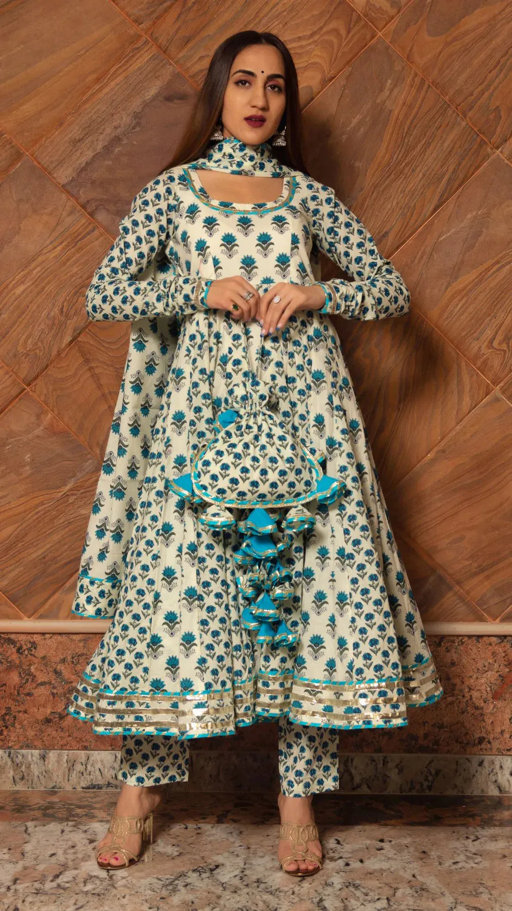 Paisley Cotton White & Blue Floral Print Kalidar Anarkali Set with Dupatta