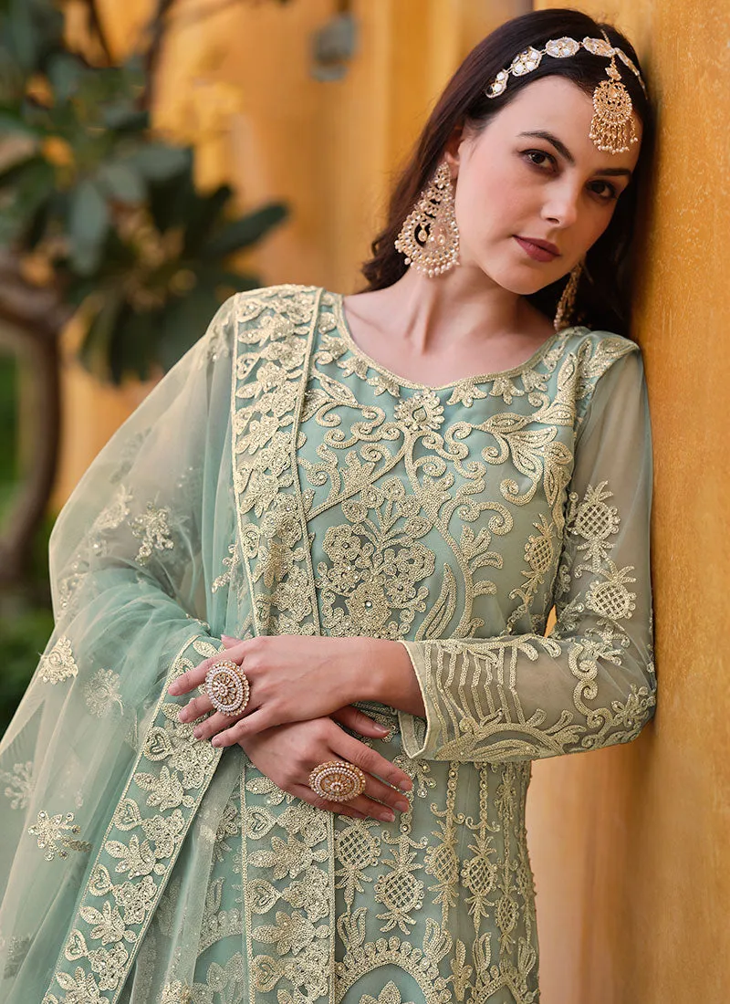 Pastel Green Cording Embroidery Wedding Anarkali Suit