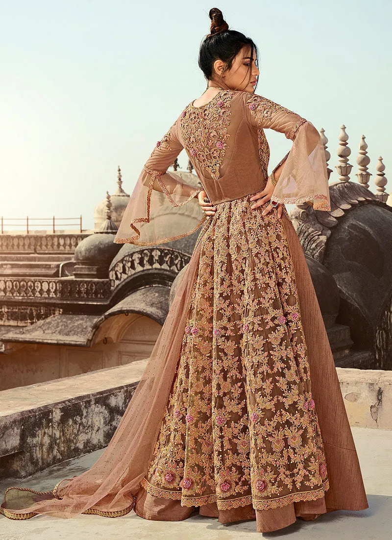 Peach Embroidered Anarkali Lehenga/Pant Suit