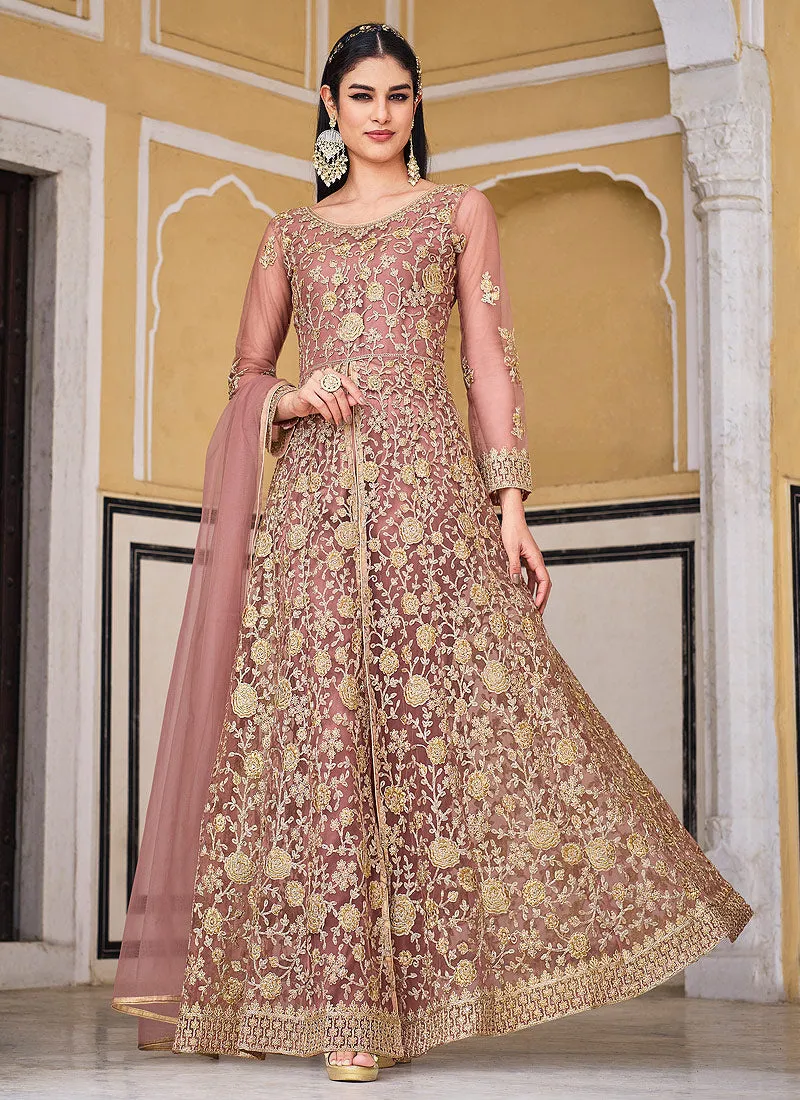 Peach Embroidered Designer Anarkali Lehenga/Pant Suit