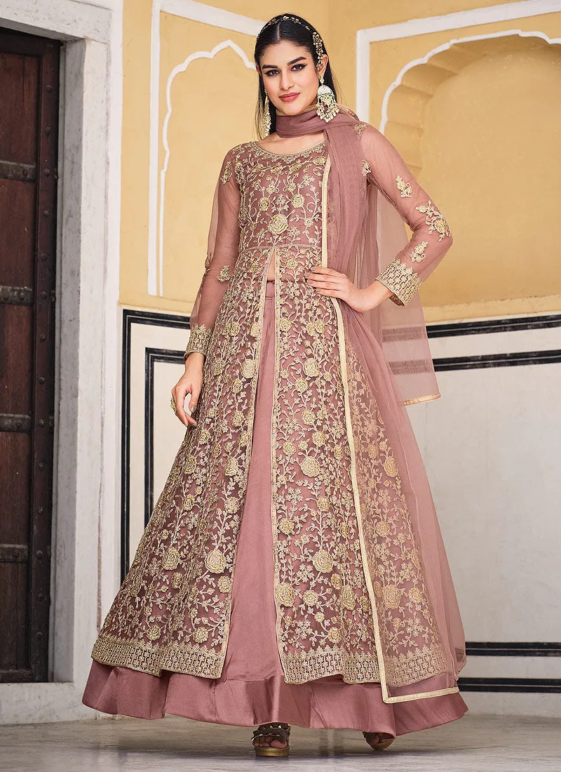 Peach Embroidered Designer Anarkali Lehenga/Pant Suit