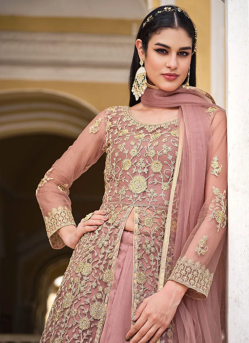 Peach Embroidered Designer Anarkali Lehenga/Pant Suit