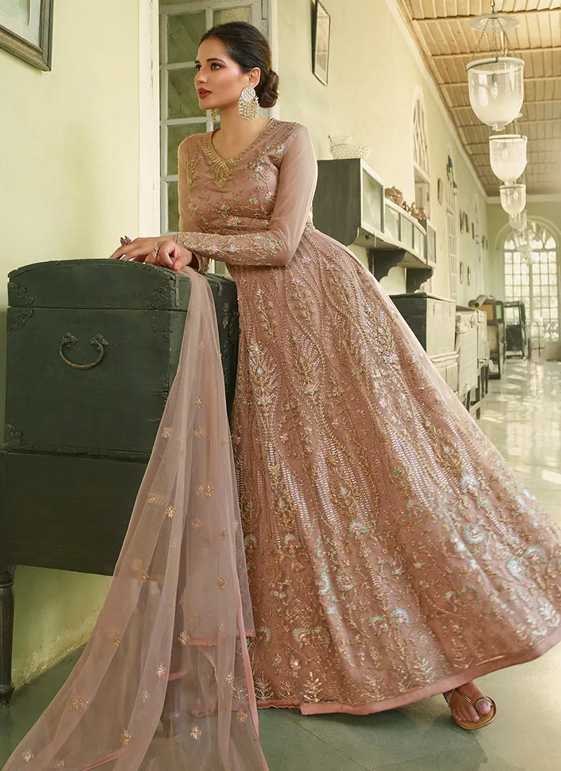 Peach Embroidery Slit Style Wedding Anarkali Suit