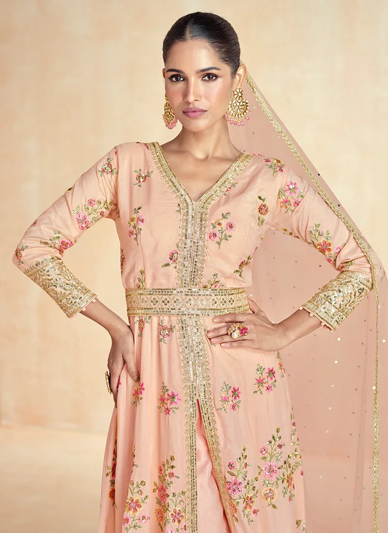 Peach Multi Embroidery Slit Style Anarkali Pant Suit