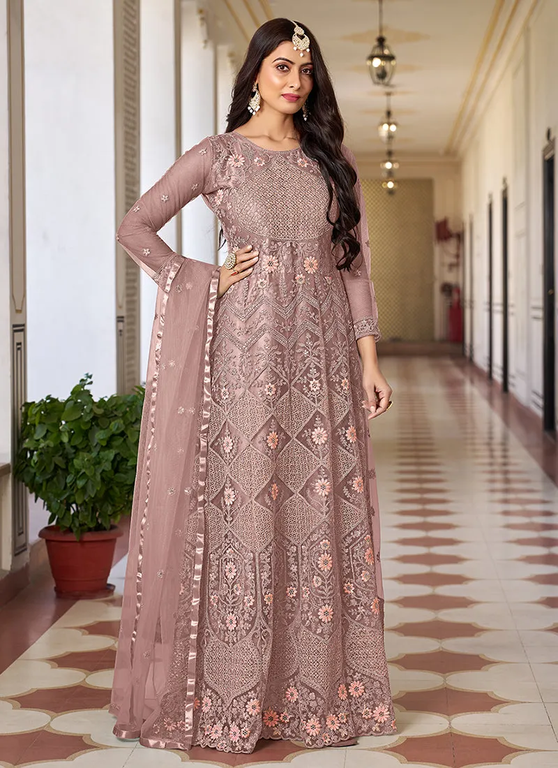 Peach Traditional Net Anarkali Suit