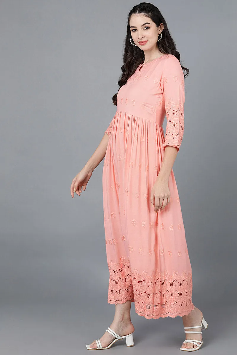 Peach Viscose Rayon Solid Flared Maxi Dress