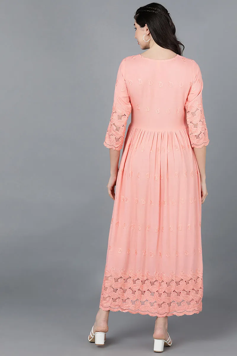 Peach Viscose Rayon Solid Flared Maxi Dress