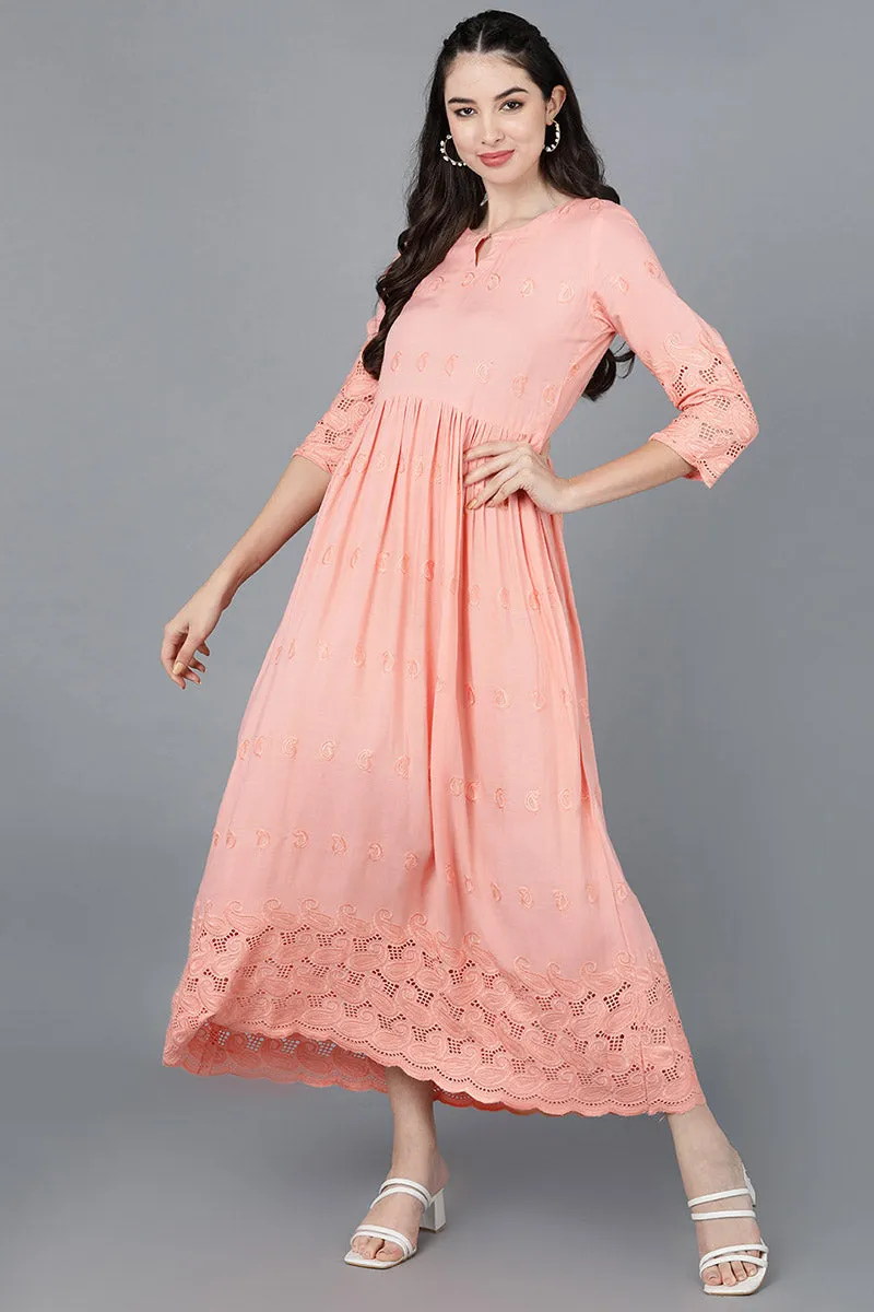 Peach Viscose Rayon Solid Flared Maxi Dress