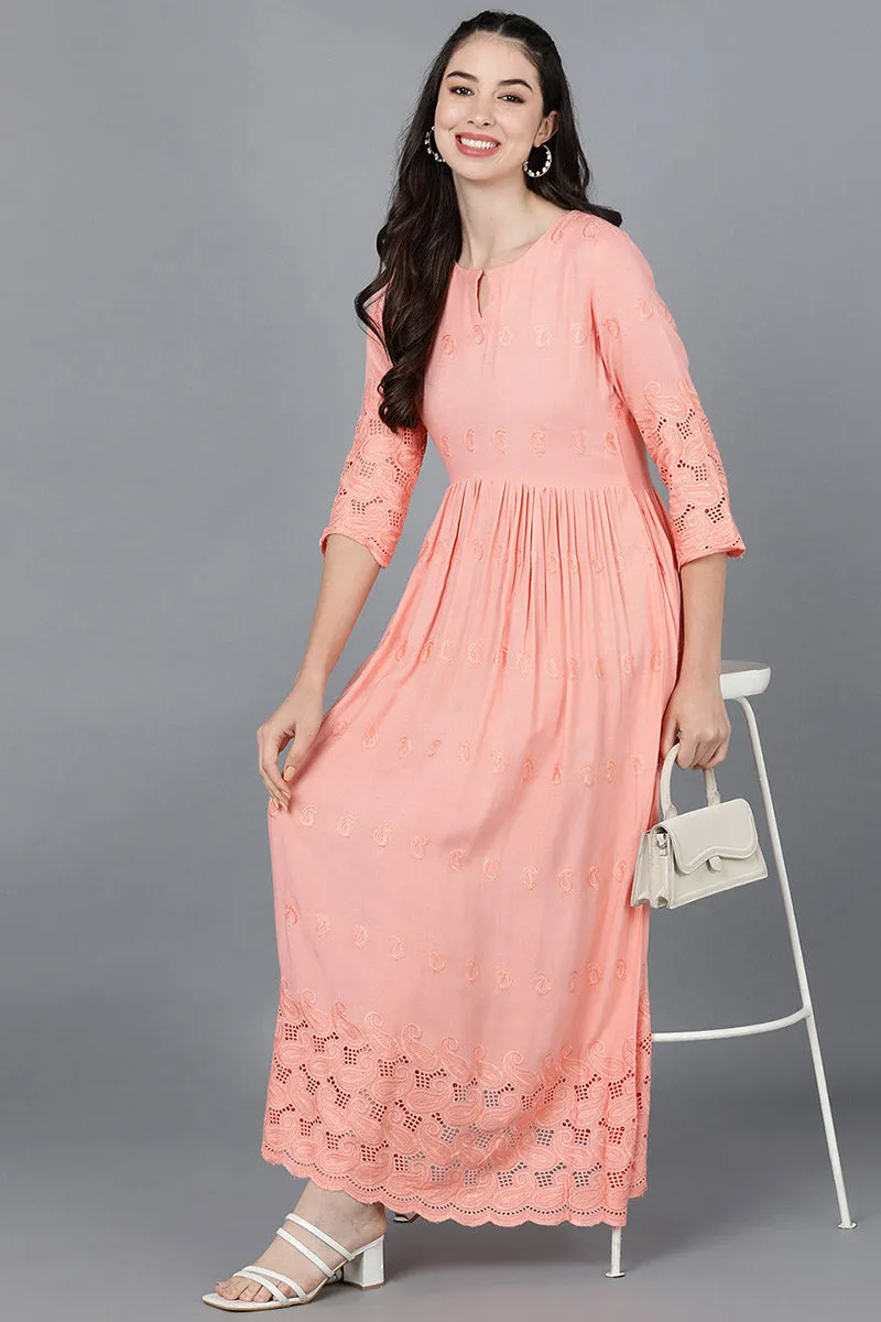 Peach Viscose Rayon Solid Flared Maxi Dress