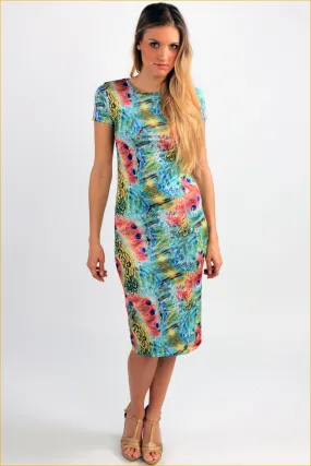 Peacock Feathers Print Midi Dress