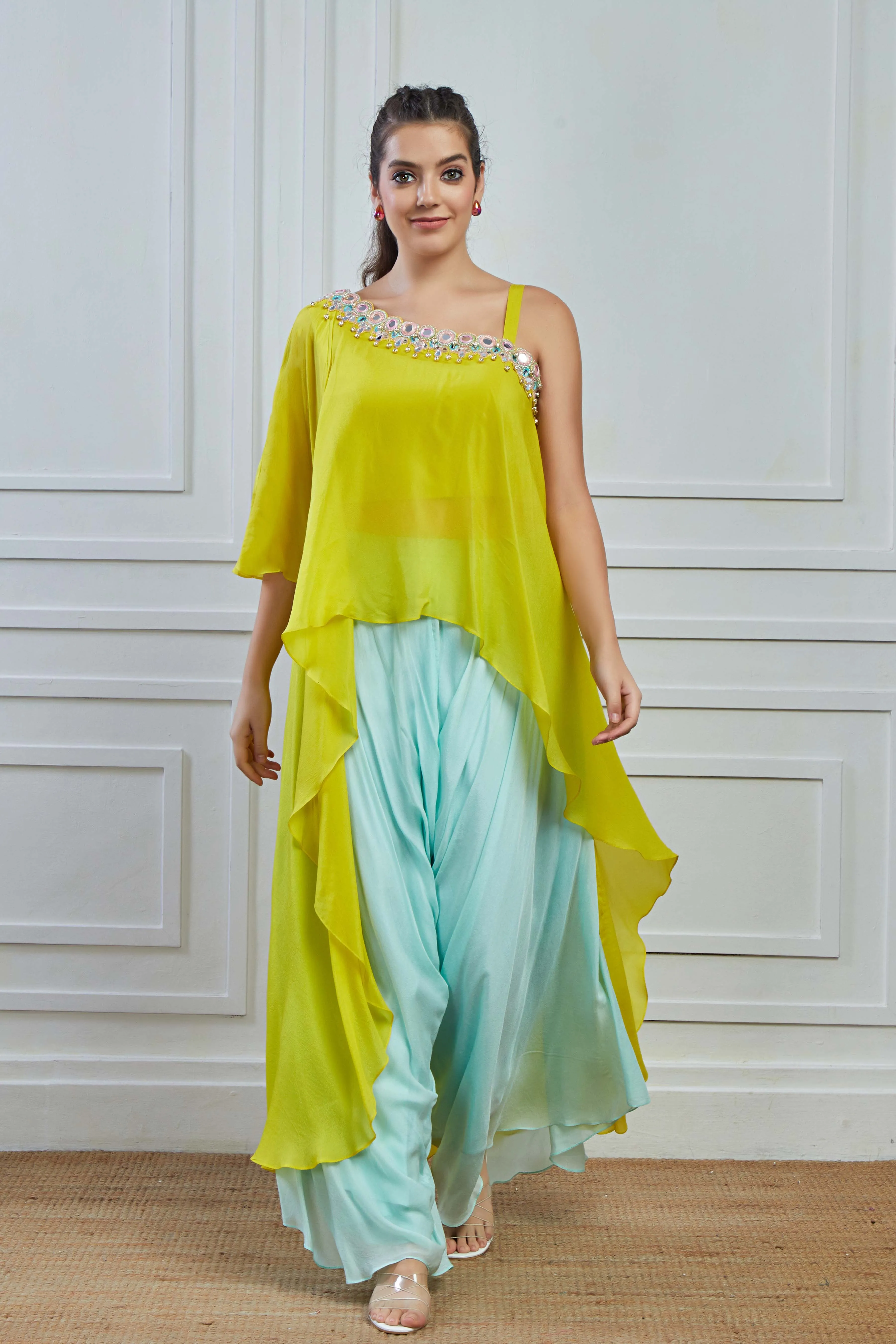 Pear Green Embroidered Crepe Silk Tunic Palazzo Set