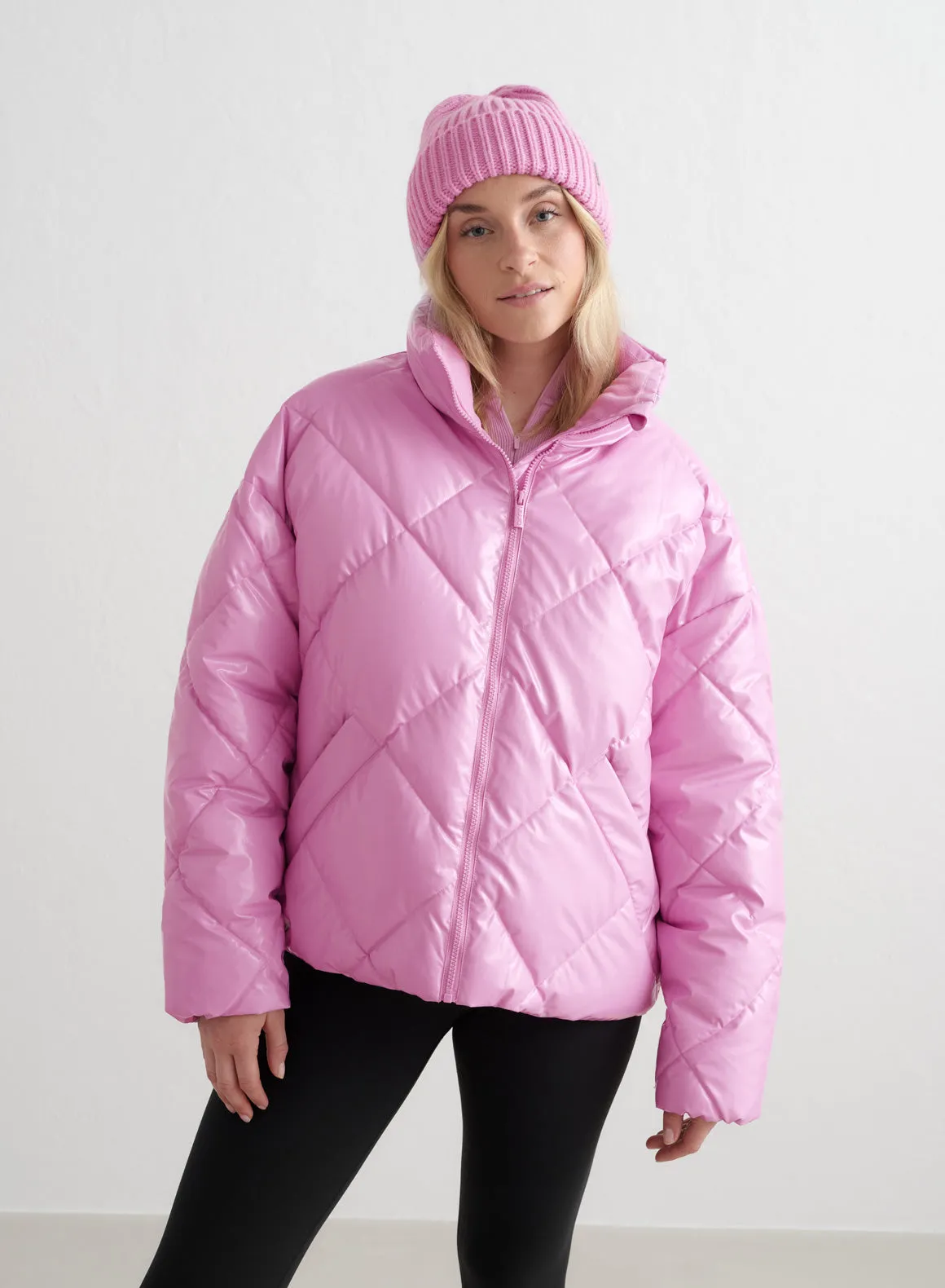 Peony Pink Diamond Quilt Puffer Jacket