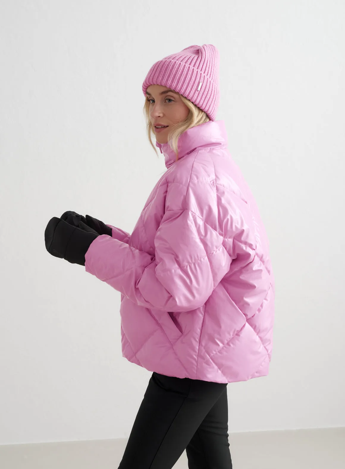 Peony Pink Diamond Quilt Puffer Jacket