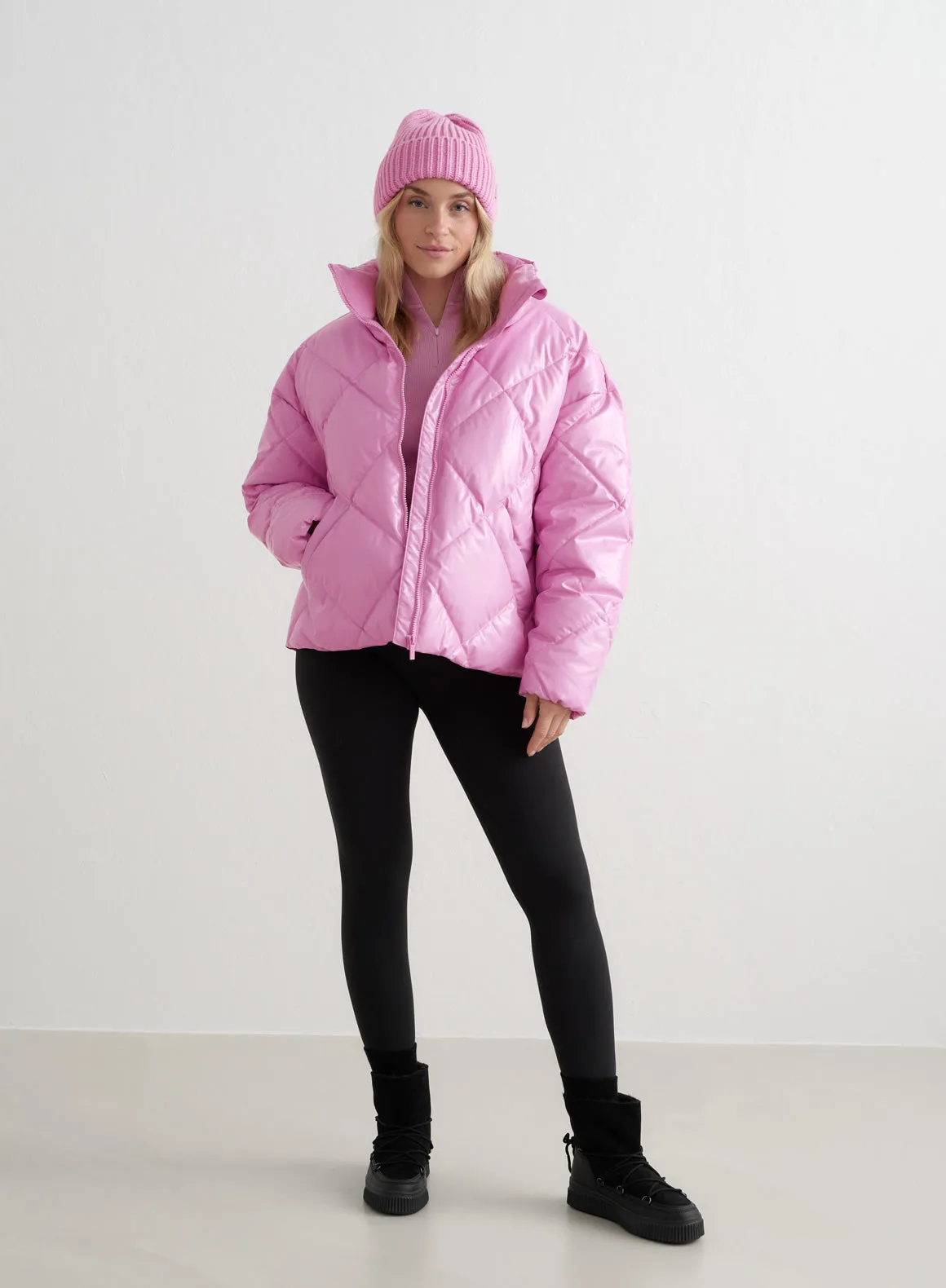 Peony Pink Diamond Quilt Puffer Jacket