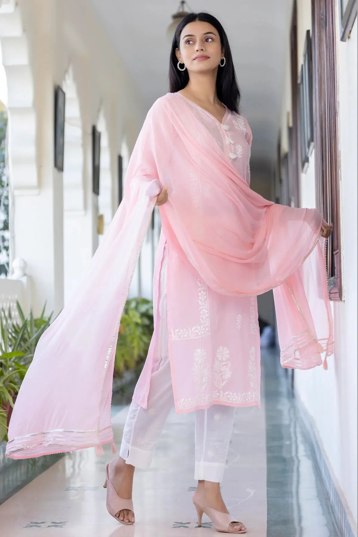 Pink Cotton Embroidered Chikankari Suit Set with Dupatta