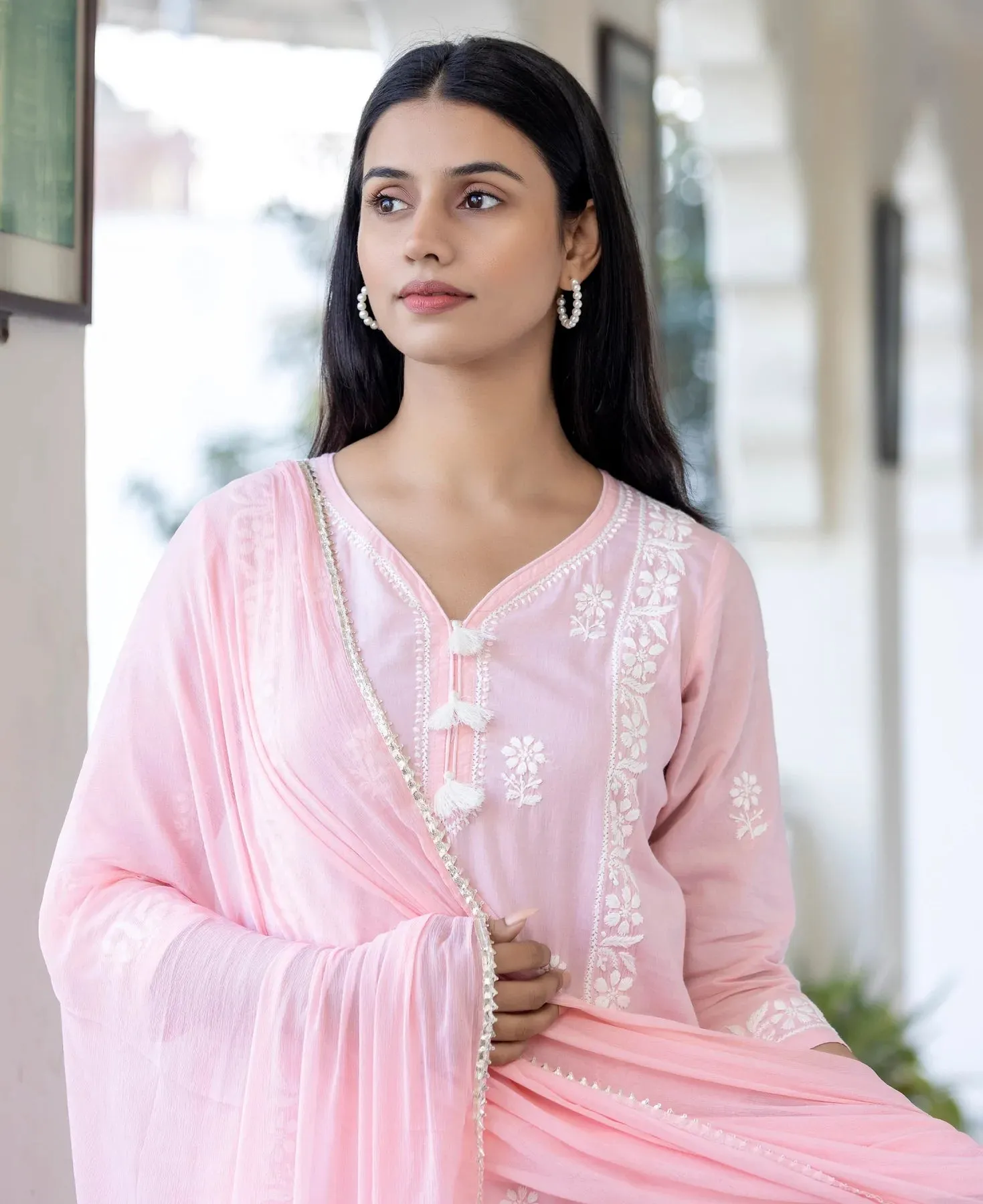 Pink Cotton Embroidered Chikankari Suit Set with Dupatta