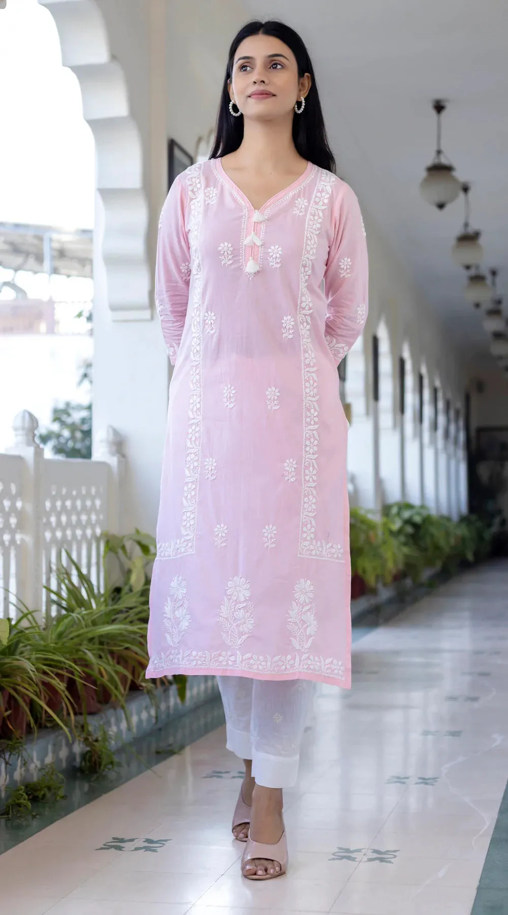 Pink Cotton Embroidered Chikankari Suit Set with Dupatta