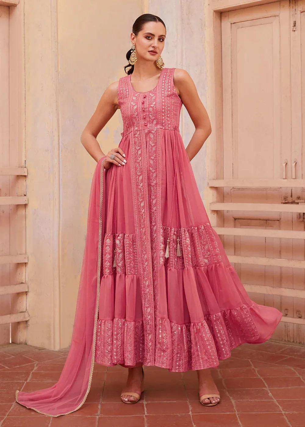 Pink Georgette Zari Embroidered Front Slit Suit Set with Net Dupatta