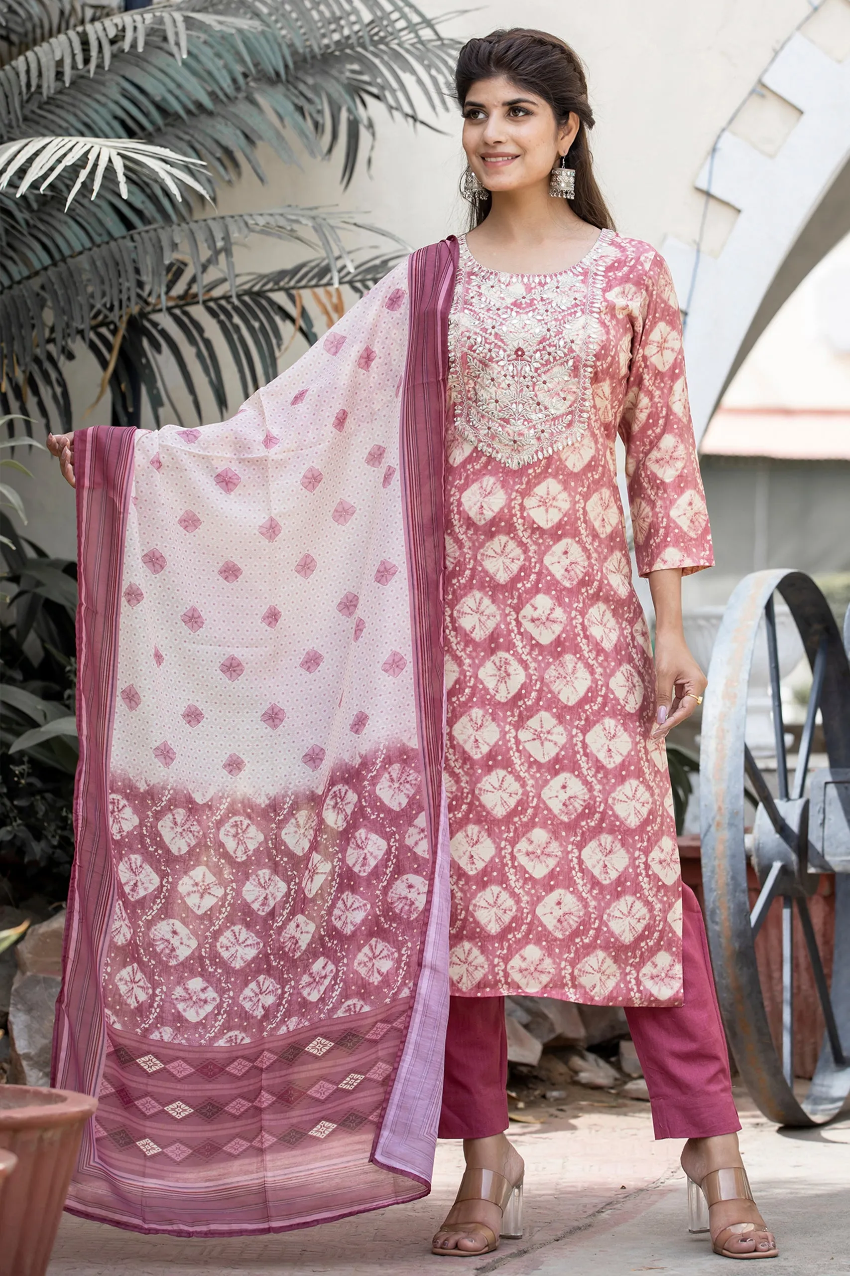 Pink Modal Silk Printed & Embroidered Suit Set with Dupatta