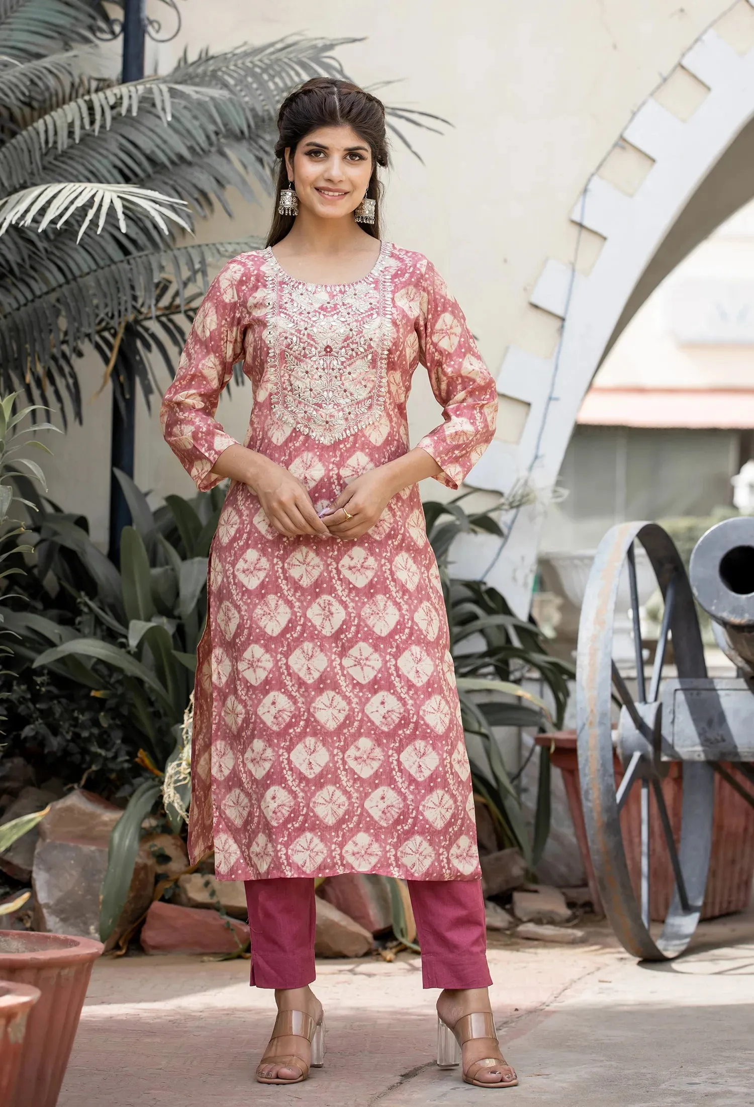 Pink Modal Silk Printed & Embroidered Suit Set with Dupatta