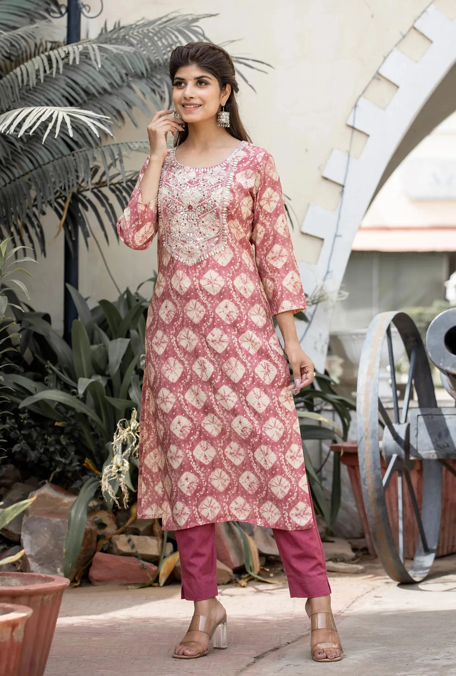 Pink Modal Silk Printed & Embroidered Suit Set with Dupatta