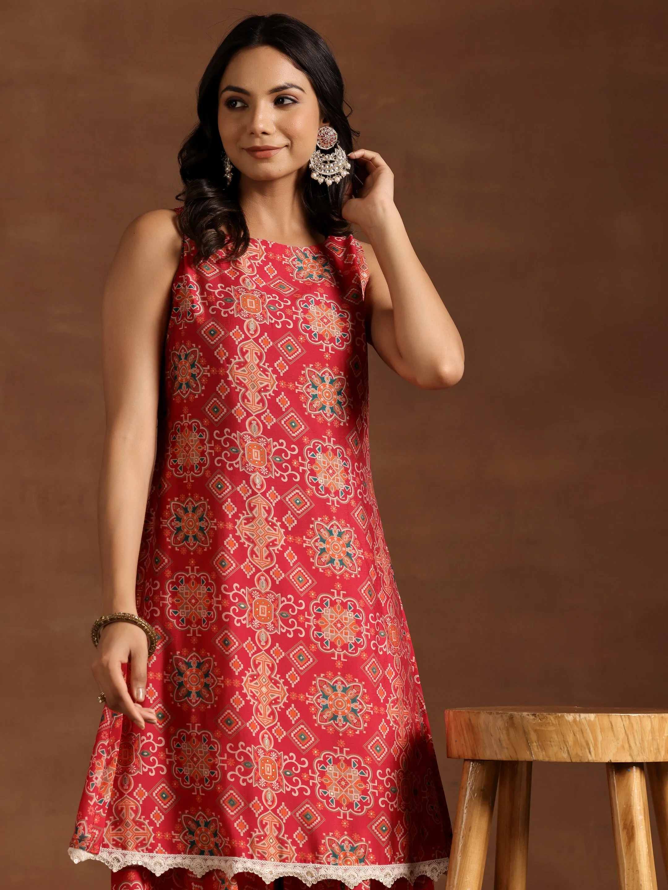 Pink Printed Silk Blend Straight Kurta With Palazzos