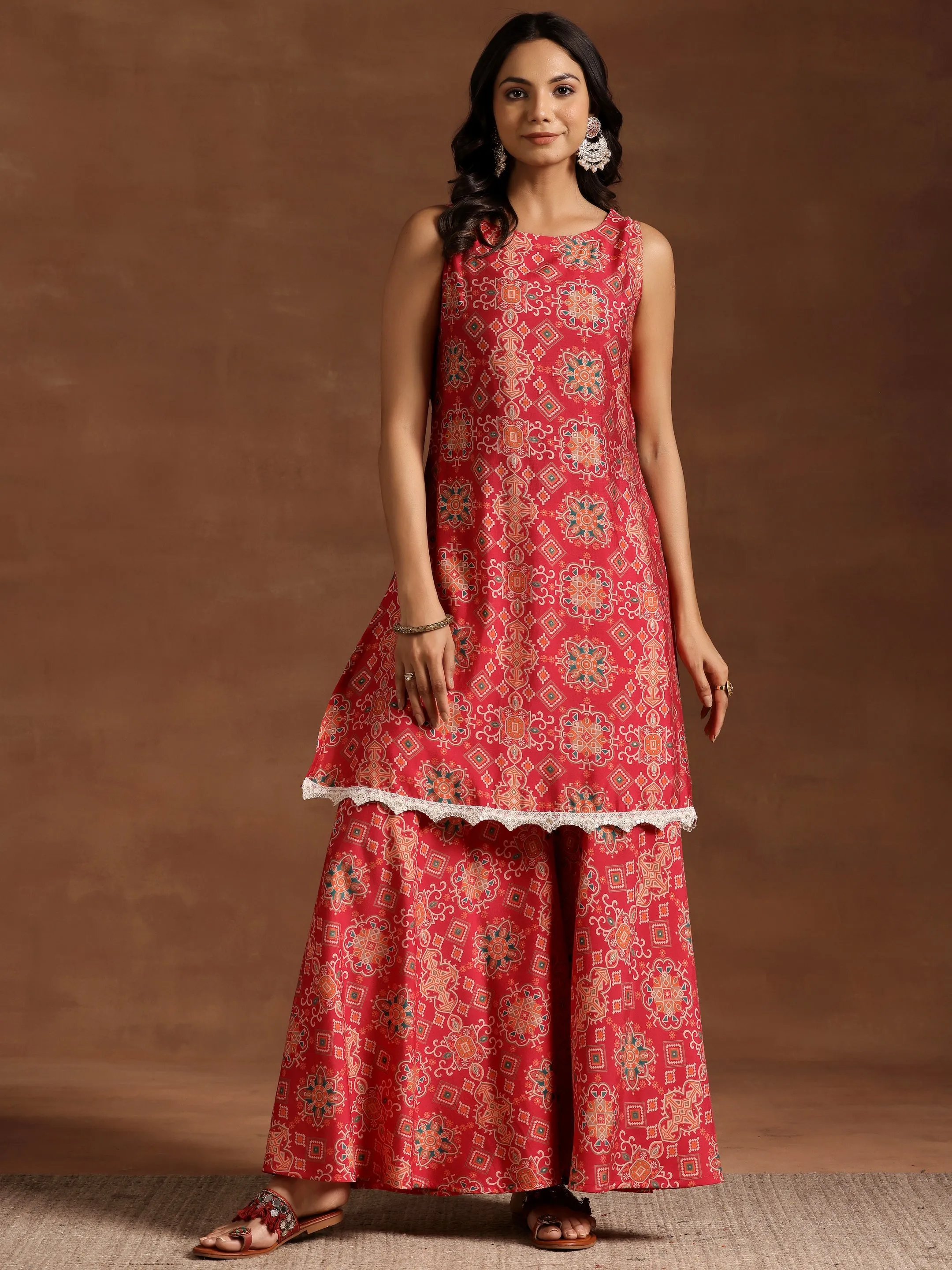 Pink Printed Silk Blend Straight Kurta With Palazzos