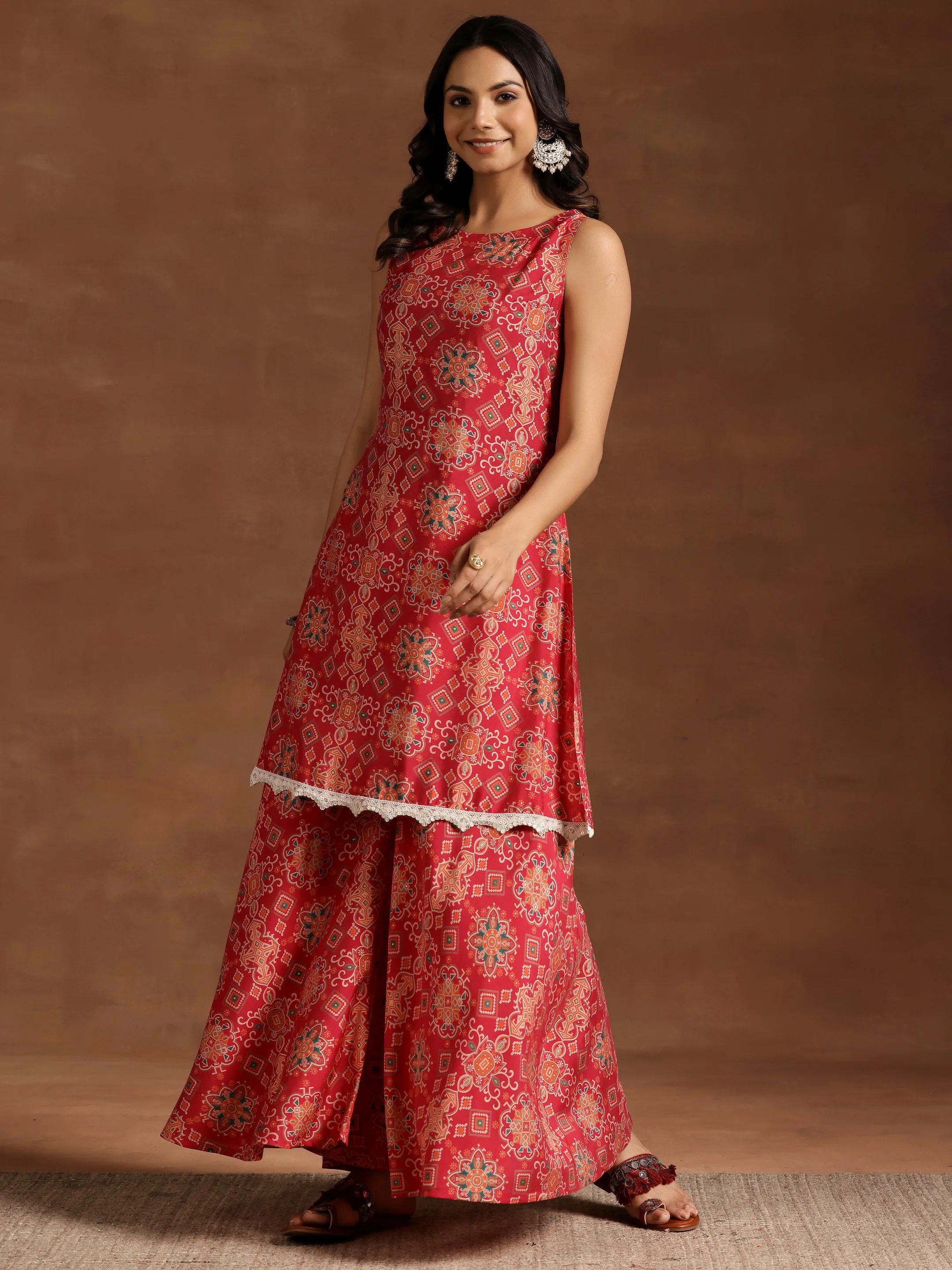 Pink Printed Silk Blend Straight Kurta With Palazzos