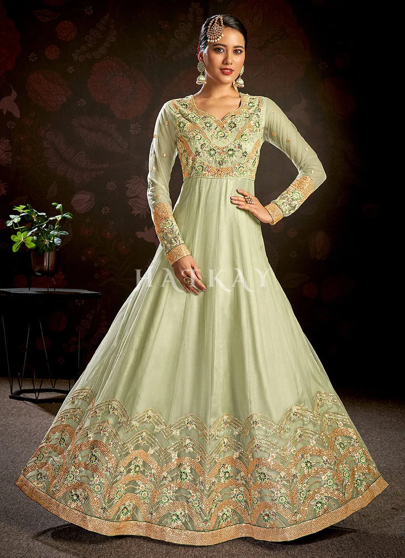 Pista Green Multi Embroidered Wedding Anarkali Suit