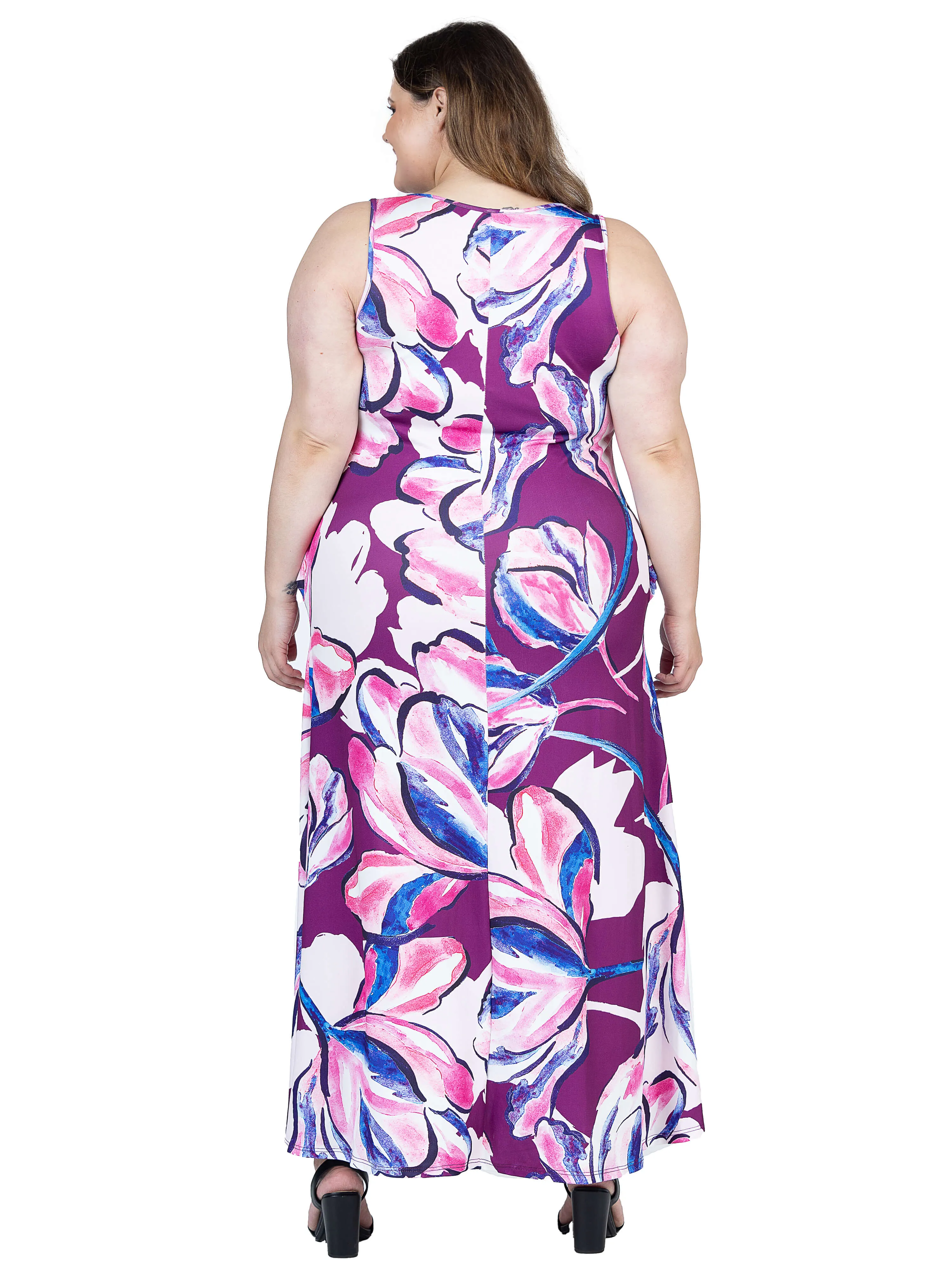 Plus Size Casual Purple Floral Scoop Neck Sleeveless Maxi Dress With Pockets