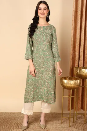 Plus Size Green Viscose Rayon Ethnic Printed Straight Kurta