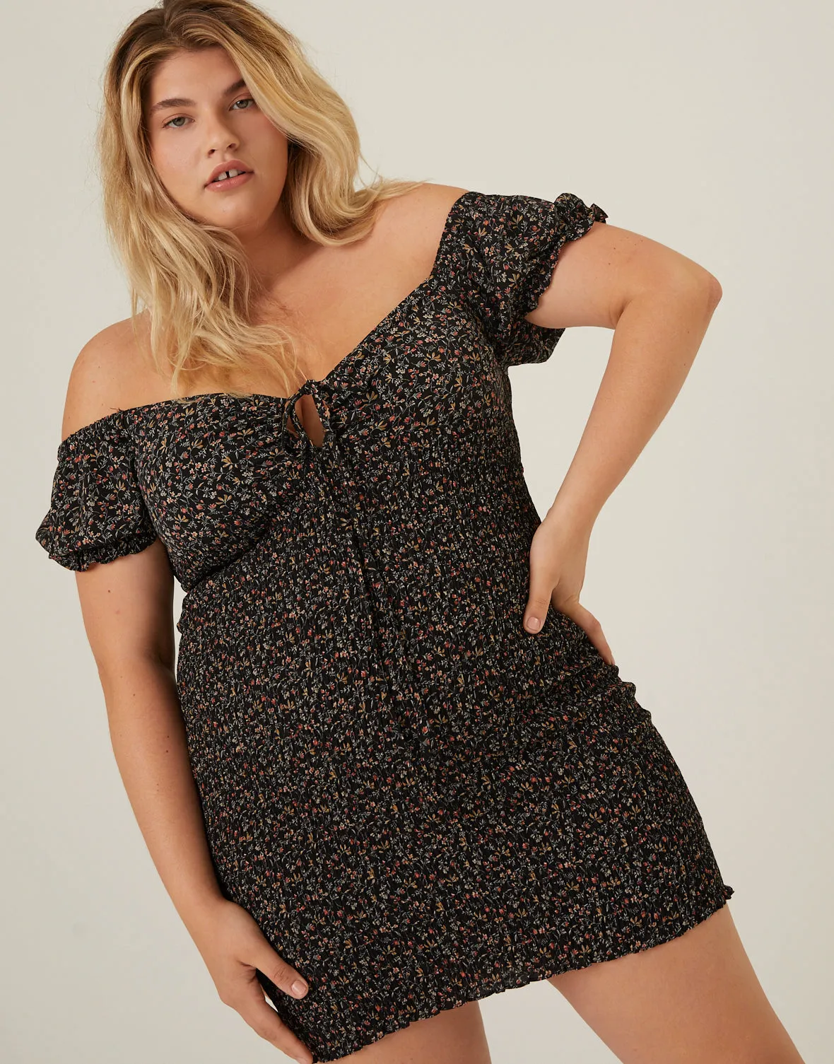 Plus Size Mini Florals Smocked Dress