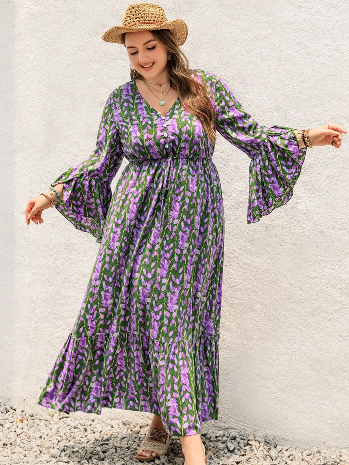 Plus Size Printed V-Neck Long Sleeve Maxi Dress