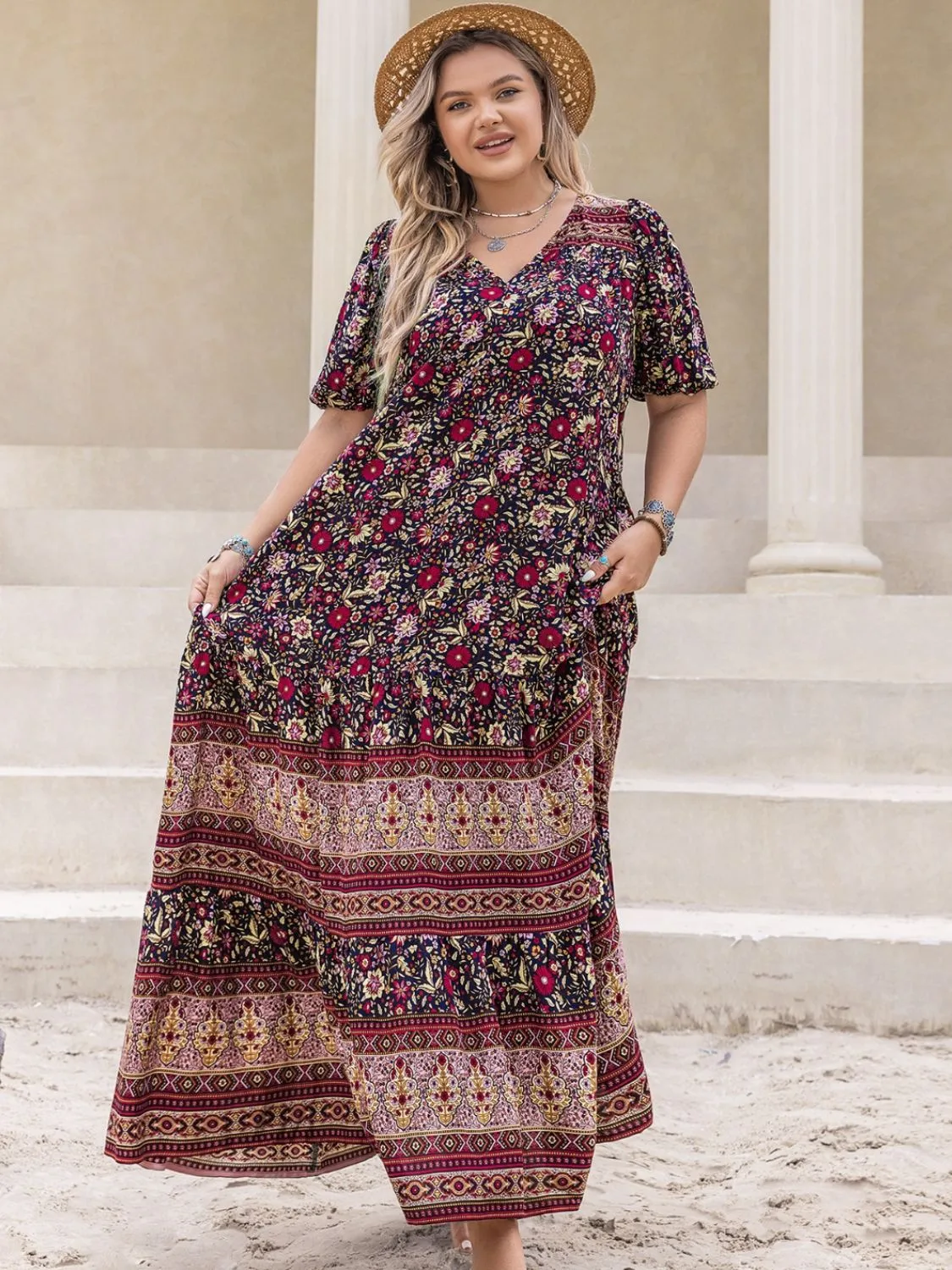 Plus Size Printed V-Neck Short Sleeve Maxi Dress