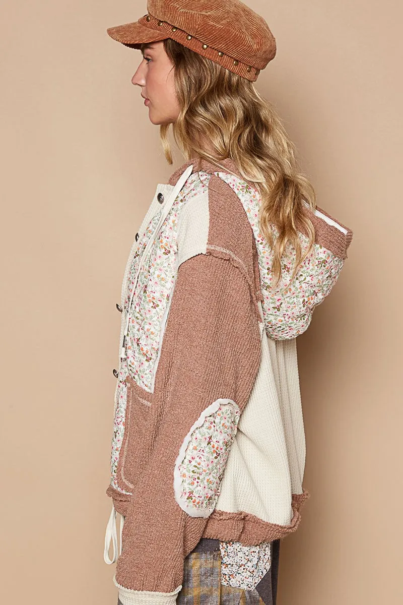 POL Mixed Fabric and Print Hooded Button Down Shacket in Oat Choco Multi