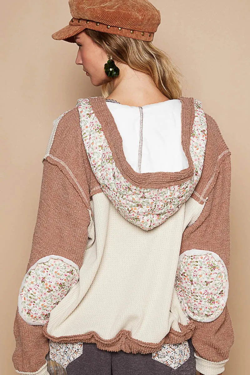 POL Mixed Fabric and Print Hooded Button Down Shacket in Oat Choco Multi